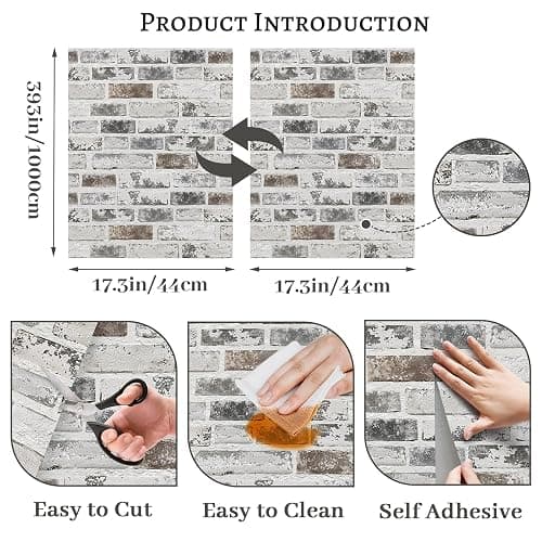 Brick Wallpaper Peel and Stick Wallpaper 17.3"x393" Grey and White 3D Brick Wallpapers Self Adhesive Vintage Wall Paper Removable Textured Contact Paper for Fireplace Kitchen Home Decoration Vinyl thumbnail 3