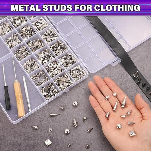 Jollidecor 455 PCS Punk Studs for Clothing, 10 Size Metal Spikes and Studs Leather Rivets for Craft, Square Pyramid Studs Round Dome Rivets DIY Punk Style Decoration for Clothes Shoes Belts Dog Collar thumbnail 3