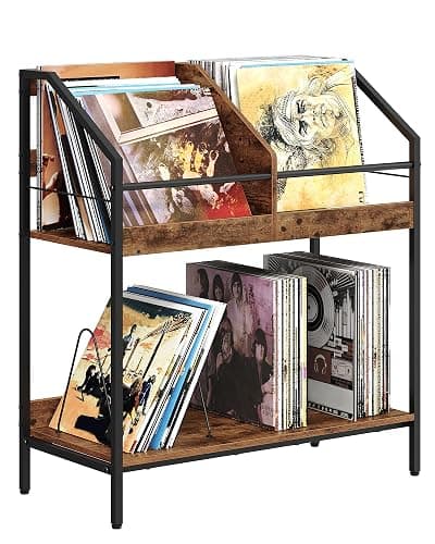 CHOEZON 2-Tier Vinyl Record Storage Holder Rack, 250 LP Albums Display Shelf, Wooden Vinyl Storage Rack with Wire Dividers for Records, CDs, Books, Rustic Brown and Black DTCW07BF thumbnail 7
