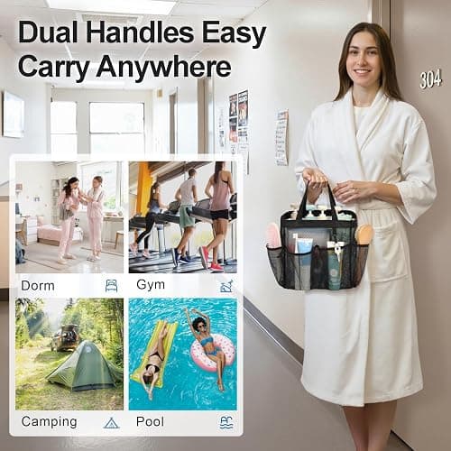 F-color Mesh Shower Caddy Portable, Upgrade Deeper 7 Pockets Shower Bag Basket Tote for College Dorm Room Toiletry Bathroom Essentials Gym Camp Quick Dry 2 handles with S Hook, Black thumbnail 6