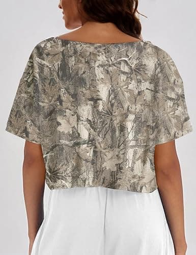 MSBESYOR Women Camo Off The Shoulder Shirt Top Short Sleeve Boat Neck Athletic Workout Crop Tees Oversized T Shirts Summer thumbnail 4