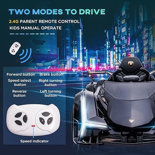 Aosom 12V Electric Ride-on Car, Licensed Lamborghini V12 Vision Gran Turismo Battery-Powered Ride-on Toy with Remote Control, Music, LED Lights, for 3-6 Year Old Boys and Girls, Black - Black thumbnail 6