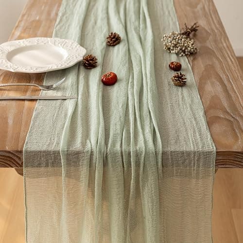 Keketo Sage Green Table Runner Cheesecloth 120 Inch 10 FT Rustic Boho Cheese Cloth Table Runner for Wedding Baby Shower Bridal Shower Sheer Gauze Centerpiece Summer Home Decorations - Sage Green - 1 thumbnail 3