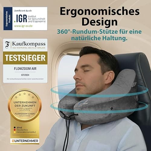 FLOWZOOM AIR Aufblasbares Nackenkissen mit Haube, Grau, L | H-Form, 5 Schlafpositionen, Verstellbare Festigkeit, Waschbarer Bezug, Ohrstöpsel, 260 g leicht thumbnail 2