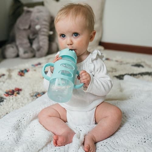 Dr. Brown's Milestones Wide-Neck Sippy Straw Bottle with 100% Silicone Handles and Weighted Straw, 9 oz/270 mL, Gray & Green, 6m+ - Gray & Green - 2 Count (Pack of 1) thumbnail 7