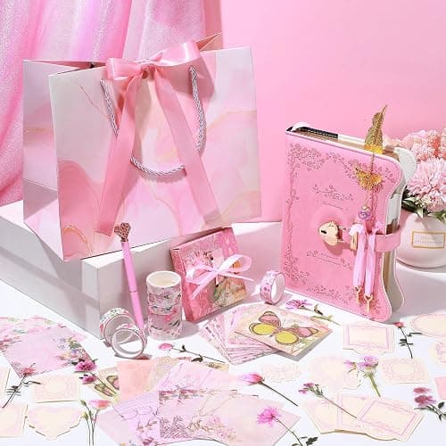 Janlaugh DIY Journal Diary with Lock Set Scrapbook Kit Stationary Diary Supplies Art Crafts Kit for Birthday Holidays Ideal Gifts for Women Teen Girls(Pink,Classic) thumbnail 2