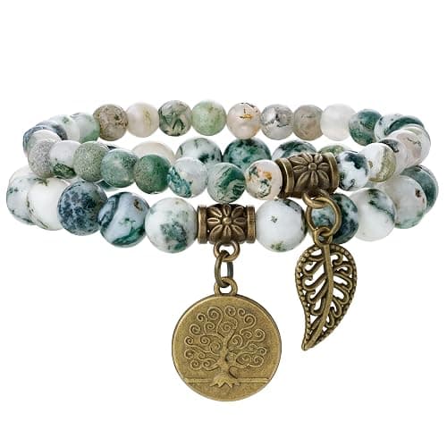 Bivei Natural Semi Precious Gemstone beads bracelet for women - Life Tree and Leaf Charm Energy Reiki Crystal Stretch Bracelets - Image 1