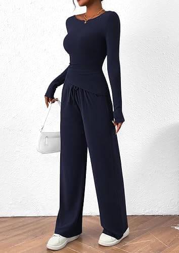 PRETTYGARDEN Women's 2 Piece Lounge Sets Asymmetrical Long Sleeve T Shirt Wide Leg Pants Fall Casual Outfits Tracksuit thumbnail 5