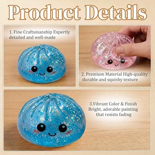 Glitter Dumpling Squishy, Soft Squeeze Stress Relief Fidget Ball with Mini Steamer Box, Colorful Stretchy Decompression Sensory Toy for Adults & Kids (Glitter White) thumbnail 7