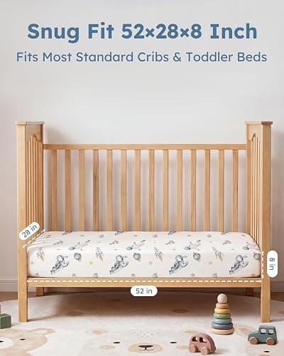 FIEMOL Baby Crib Sheets for Boys and Girls, Toddler Bed Sheets Fitted for 52”x28” Standard Crib and Toddler Mattresses, 4 Pack Soft Stretchy Microfiber Blue Space Astronaut thumbnail 3