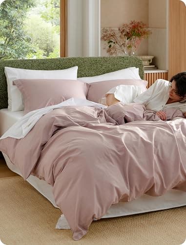 Bedsure PureWoven 100% Washed Cotton Duvet Cover Set, Queen Size, 3-PC | Linen Like Texture, Percale Breathable Bedding Set for All Seasons, Zipper Closure, 8 Corner Ties, Petal Pink, 90" X 90" - Image 1