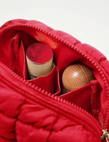 Yarnic Quilted Makeup Bag Puffy Cosmetic Bag, Travel Toiletry Bag for Women, Cute Makeup Bag Organizer Puffer Makeup Pouch (S, Red) thumbnail 4
