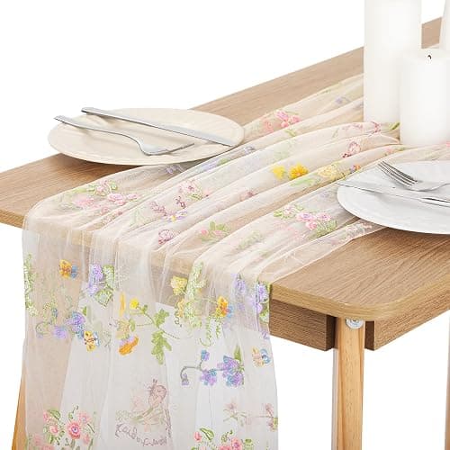 Windkream Ivory White Wildflower Table Runner 10ft Embroidery Tulle Floral Spring Table Runner, Seasonal Summer Butterfly Kitchen Dining Decoration for Wedding Baby Bridal Shower Birthday Party - Image 1