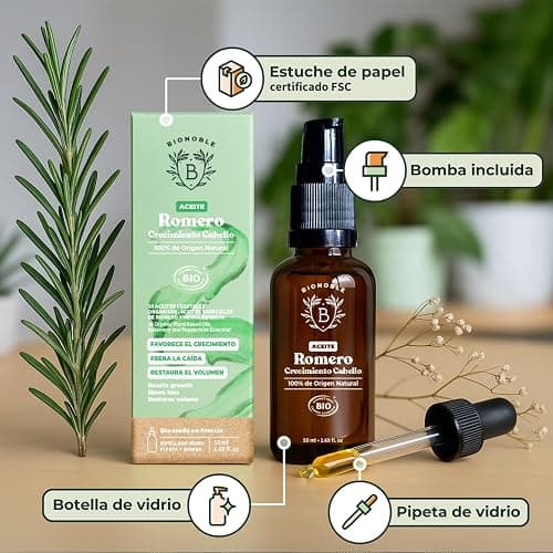 BIONOBLE Aceite de Romero para el Cabello Orgánico - Estimula Crecimiento Pelo, Nutre el Cuero Cabelludo - Aceite Esencial de Romero, Ricino - Rosemary Oil Hair Growth - Botella Vidrio, Pipeta - 50ml thumbnail 5