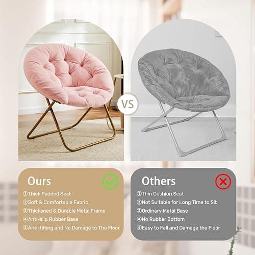 YSSOA Saucer Chair, Comfy Faux Fur Chair for Bedroom, Saucer Chairs for Adults, Teens, Round Shaped Moon Chair with Foldable Metal Frame, Pink thumbnail 6