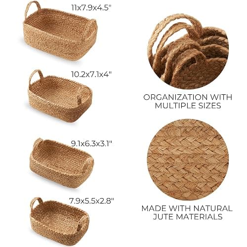 Beautiful Storage Basket Set of 4 - Natural Jute Rope Baskets for Shelves Are Perfect for Organizing Your Home - Quality Storage Bins Easily Fit With Any Nursery or Bedroom Decor thumbnail 5