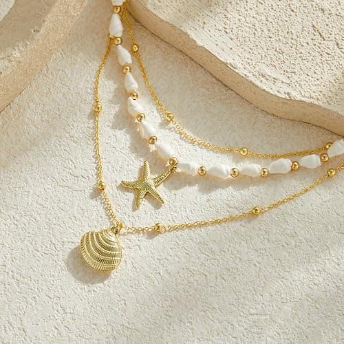 Seashell Starfish Necklace for Women Conch Shell Summer Pearl Beach 14k Gold Layered Dainty Choker thumbnail 7