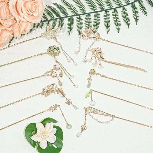 10Pcs Gold Vintage Hair Sticks Pins Metal Long Hairpins with Butterfly Flower Pearls Beads Jade Tassel Pendant Asian Chinese Hanfu Hair Chopsticks Hair Bun Updo Holders Hair Accessories for Women thumbnail 7
