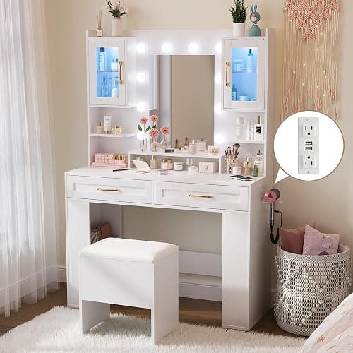 NUNU LAB Large White Vanity Desk with Mirror and Lights | Women Makeup Table with Power Outlet, 3-Color Adjustable Lighting with 5 Drawers for Bedroom Brown thumbnail 4