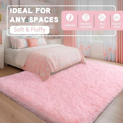 Fluffy Pink Rug for Bedroom Girls, 5x7 Soft Fuzzy Plush Shag Area Rug for Living Room, Cute Comfy Throw Rug for Kids, Non-Slip Indoor Shaggy Floor Carpet for Nursery Teen Dorms Home Decor Aesthetic thumbnail 4