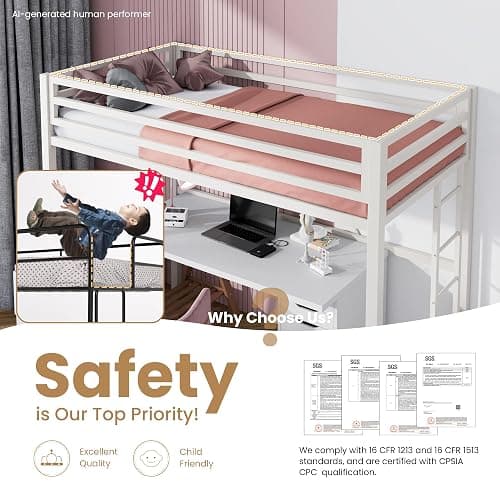 SHA CERLIN Loft Bed Twin Size with Ladder and Guardrail,White | Heavy Duty Metal Slats Support,No Box Spring Needed,Small Space Saving Furniture for Bedroom Dorm thumbnail 7