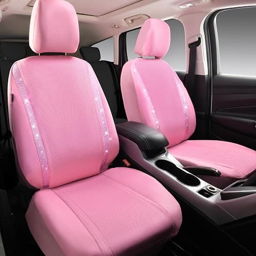 CAR PASS Bling Diamond Car Seat Covers, Shining Rhinestone Waterproof Faux Leather Pink Car Accessories Two Front Only Universal Fit Auto Glitter Crystal Sparkle Strips for Cute Women Girl, Pink thumbnail 2
