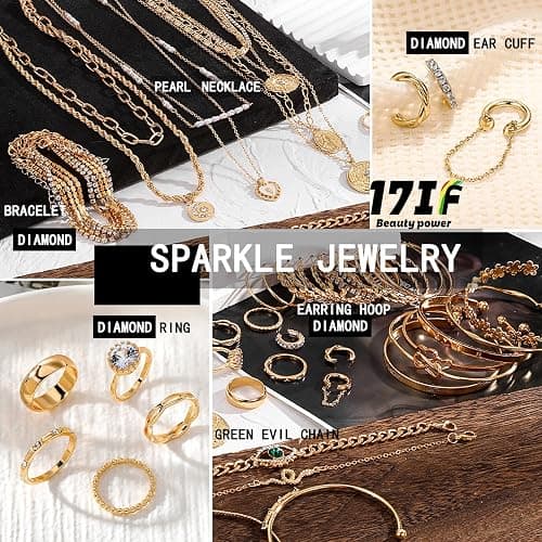 17IF 38-59 Pcs(9-8 Pack) Gold Plated Jewelry Set for Women With 8 Necklace 12 Bracelet 27 Ring 12 Pair Earring Hoop Simple Sparkle for Happy thumbnail 2