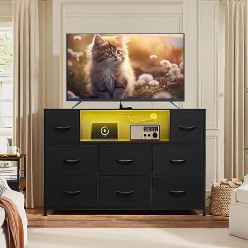GALAXHERO Black TV Stand for 45, 50, 55 inch TV, TV Media Console Table with LED Lights & Charging Station, Entertainment Center with 8 Fabric Drawers and Open Shelves for Living Room, Hallway thumbnail 2