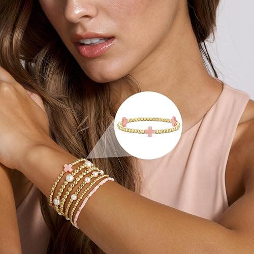 M MOOHAM Boho 14K Gold Plated Bracelets for Women - Elastic Cross Beaded Bracelet Stack Stretch Pearl Bead Bracelet Colorful Christian Jewelry Set Religious Gifts for Women Teen Girls thumbnail 2