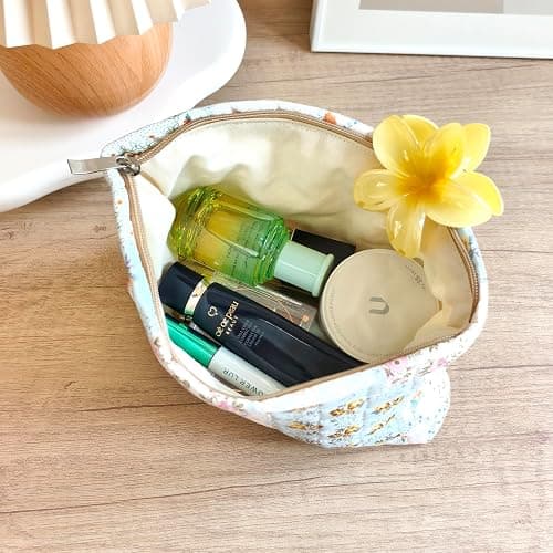 STARDW Cute Cotton Quilted Makeup Bag Cosmetic Bags for Women and Girls,Travel Toiletry Bag Floral Makeup Zipper Pouch, Purse Organizer Pouches,Canvas Lining (Cotton Floral) thumbnail 2