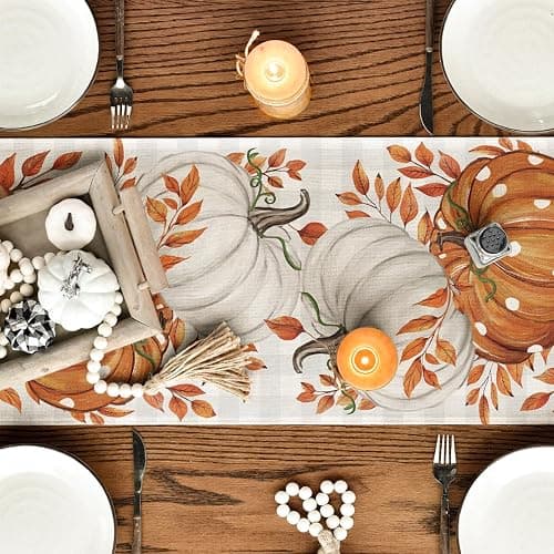 Artoid Mode Buffalo Plaid Orange Pumpkins Eucalyptus Fall Table Runner, Autumn Thanksgiving Kitchen Dining Table Decoration for Home Party Decor 13x36 Inch thumbnail 7