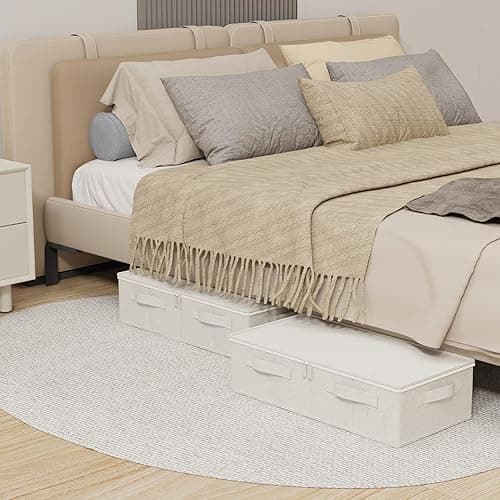 ENUMAIL Underbed Storage Container, Foldable Under Bed Bins, Wardrobe Organisers with Lid for Organizing Clothes, Sheets, Blankets, Comforter, 23.6x11.8x5.9in, Beige, 2 Pack - 23.6x11.8x5.9in(2 Pack) - Beige thumbnail 2
