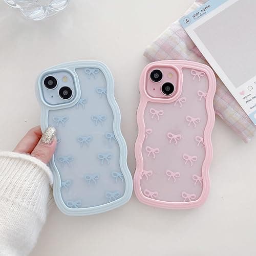 QLTYPRI Bow Case for iPhone 13/iPhone 14 Wavy Fame, Pink | Clear Cute Ribbon Bow Phone Case,Curly Wave Aesthetic Design,Slim Soft Transparent Shockproof Protective Case for Women Girl thumbnail 2