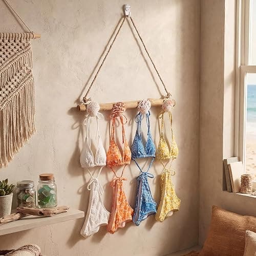 Gerrii 16 Inch Seashell Bikini Rack Driftwood Wall Mounted Hook Swimsuit Organizer Coastal Wooden Coat Rack for Summer Ocean Theme Beach Bathroom House Decor Swimming Pool(Cute) thumbnail 7