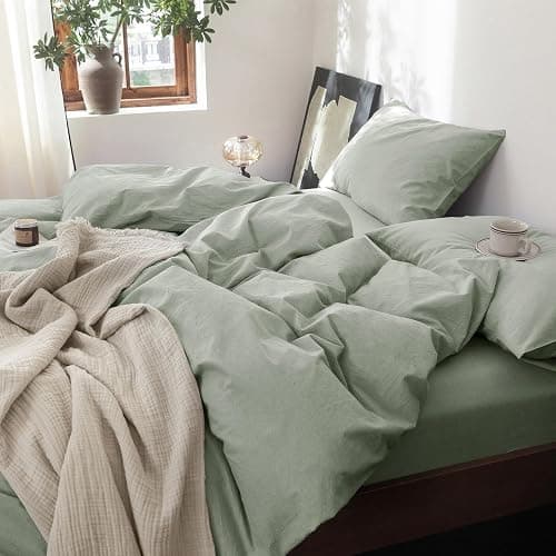 FOSSA Duvet Cover Set 100% Washed Cotton Linen Feel Super Soft Breathable Cozy 3 Pieces Bedding Sets Solid Sage Green Full/Double thumbnail 2