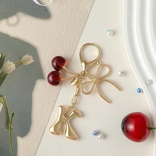 Snycler Bubble Initial Keychain with Bow & Cherry - Gold Letter Bag Charms for Women, Cute Purse Handbag Accessories thumbnail 6