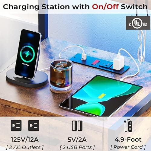 Nightstand with Charging Station and LED Lights, LED Night Stand with 2 USB Ports and 2 AC Outlets, Modern End Table with 3 Drawers, Bedside Table with Open Storage for Bedroom, Rustic Brown thumbnail 6