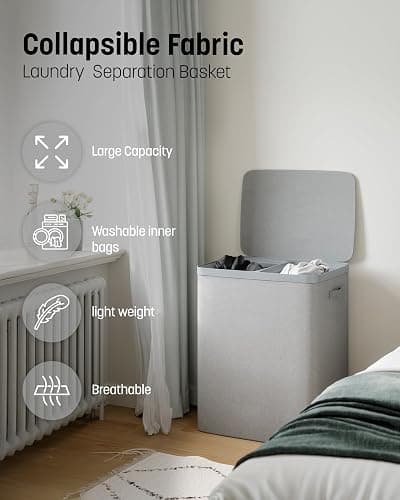 Keplin Collapsible Double Laundry Basket with Lid & Removable Liner – 150L 2-Compartment Clothes Sorter, Fabric Laundry Hamper with Handles, Easy Assembly, Stylish Storage for Home, 56x40x67cm, Grey thumbnail 3