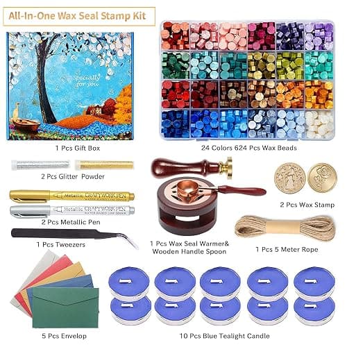 Comealltime Wax Seal Kit with Gift Box, 624 Pcs 24 Colors Sealing Beads, 2 Pcs Stamps, Sealing Wax Warmer, Metallic Pen, Envelope, Candles for Wedding Birthday Gift and DIY Craft, Sellado de Cera thumbnail 2