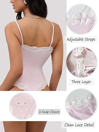 Starrylion Lace Bodysuit Square Neck Sleeveless Bodysuits Sexy Going Out Tops - Blush Pink - XS thumbnail 5