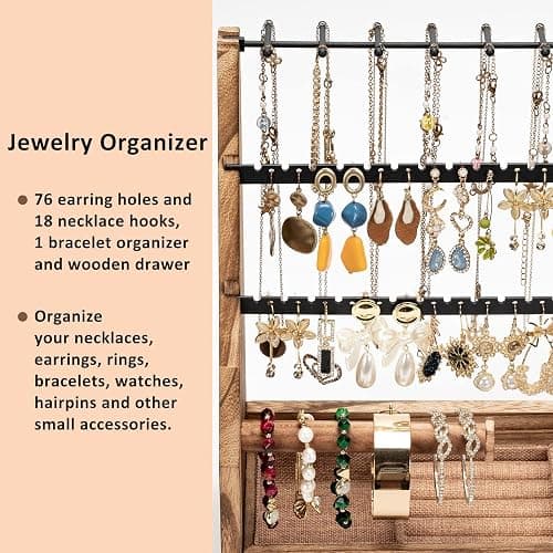 DGWJSU Jewelry Organizer Stand, 5 Layer Earring Holder Organizer with Necklace Holder, Rustic Wood Earring Organizer Display for Stud Earring Bracelet Necklace Ring, Watches thumbnail 5