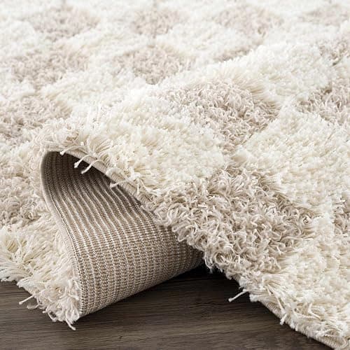 Hauteloom Marshmallow Modern Checkered Shag Area Rug - High Pile Fluffy Shaggy Carpet for Kids Room, Nursery, Living Room, Bedroom - Beige, Cream, White - 6'7" X 9'6" (6x9) thumbnail 9