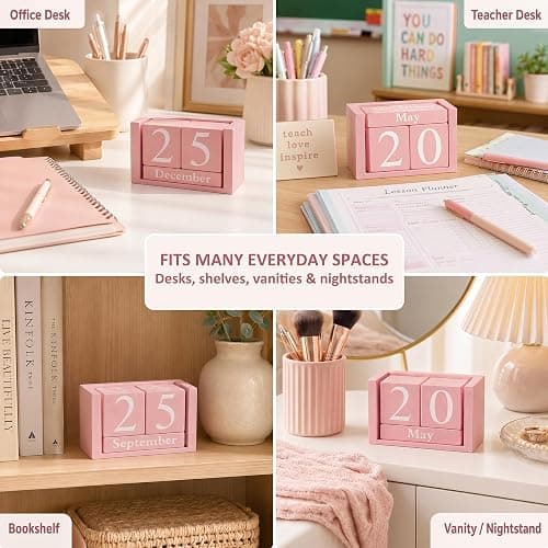 MICKYU Pink Wooden Perpetual Block Calendar | Aesthetic Desk Accessories for Women, Office Decor for Workspace, 3.7 x 2.1 x 1.7 in thumbnail 5