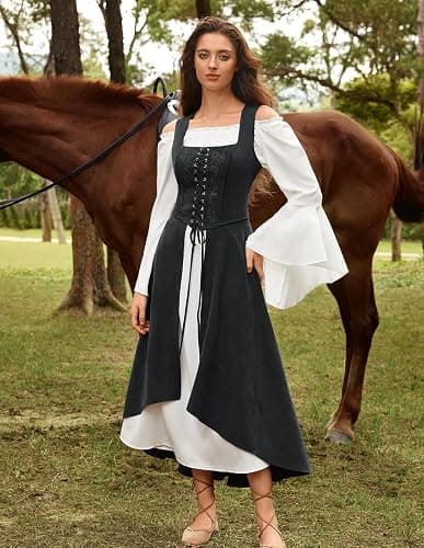 Scarlet Darkness Renaissnace Faire Costume Dress for Women Pirate Overdress | Pockets, Front lace-up, Underbust cut, for Peasant Gothic Witch Medieval Party thumbnail 8