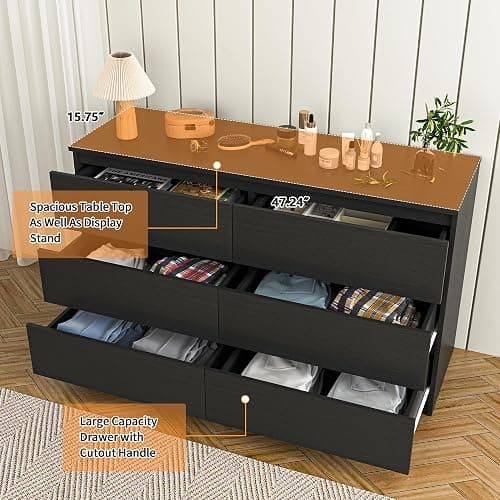 Vibe & Dine Double Dresser 6 Drawer, Modern Chest of Drawers with Wide Storage for Closet, Bedroom, Living Room, Black thumbnail 5