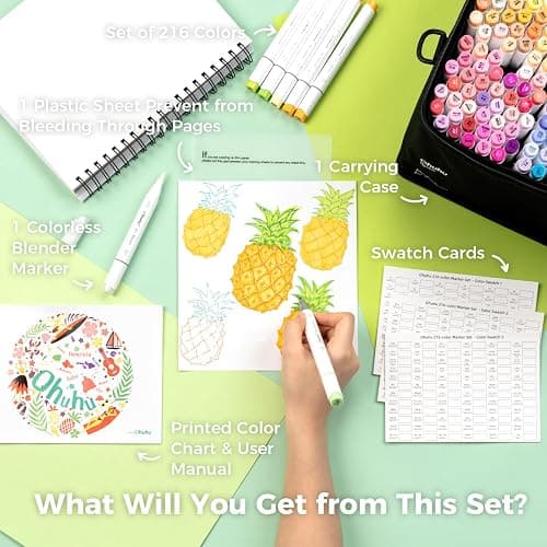 Ohuhu Alcohol Based Brush Markers: Double Tipped Art Marker Set for Artists Adults Coloring Drawing Sketch Illustration - Brush Fine Dual Tip - 216 Colors - 1 Blender - 1 Marker Case - Honolulu thumbnail 7