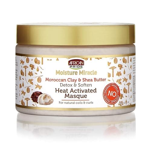 African Pride Moisture Miracle Moroccan Clay & Shea Butter Heat Activated Masque - For Natural Coils & Curls, Detoxes & Softens, Removes Impurities & Product Build-Up from Hair 12 oz - Image 1