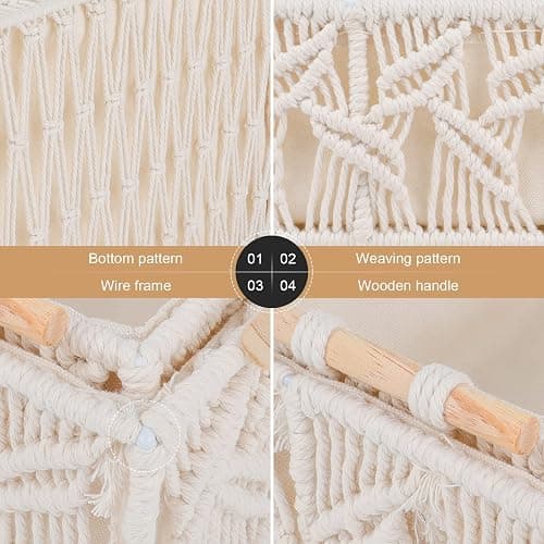 ANMINY 3PCS Macrame Storage Baskets for Organizing Boho Decor Baskets Storage Bins with Wood Handles Handmade Decorative Storage Boxes Desk Toilet Tank Bathroom Self Basket Organizer - Leaves thumbnail 6