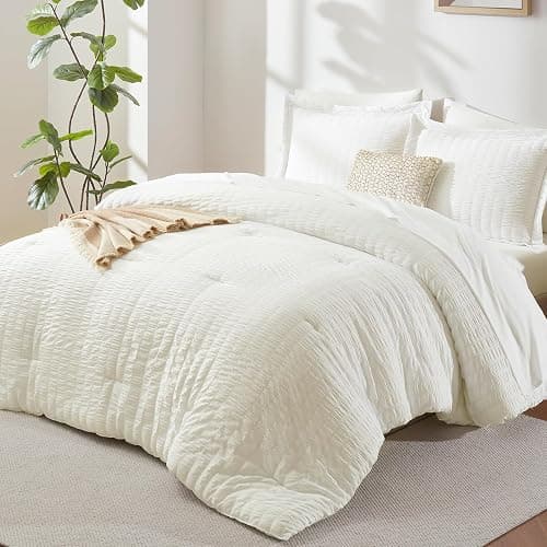 CozyLux Full Size Comforter Sets with Sheets Seersucker 7 Pieces Ivory Bed in a Bag Textured Luxury Soft Bedding Set with Down Alternative Comforter, Sheets, Pillowcases & Shams for All Seasons - Image 1
