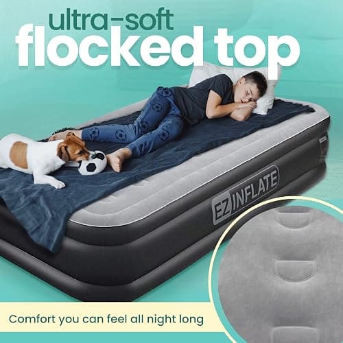 EZ INFLATE Air Mattress with Built in Pump - Twin Size Double-High Inflatable Mattress with Flocked Top - Easy Inflate, Waterproof, Portable Blow Up Bed for Camping & Travel thumbnail 6
